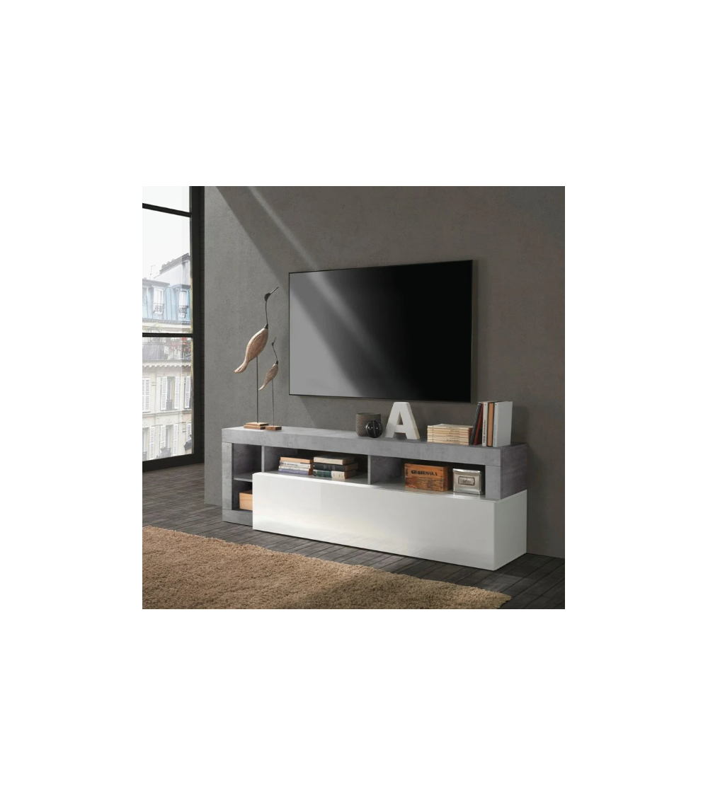 Meuble TV HAMBURG – Blanc laqué brillant / Béton
